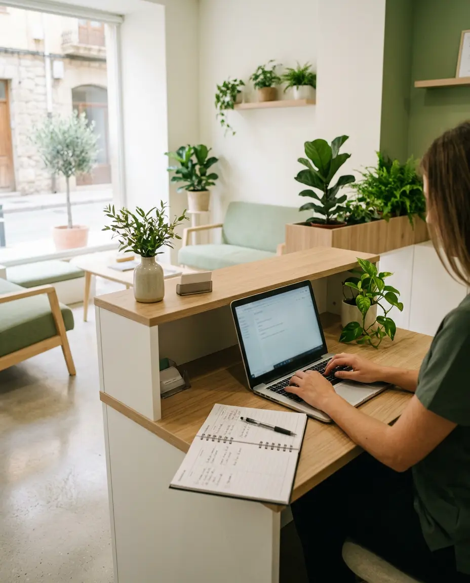 Recepción luminosa de una clínica de fisioterapia con plantas