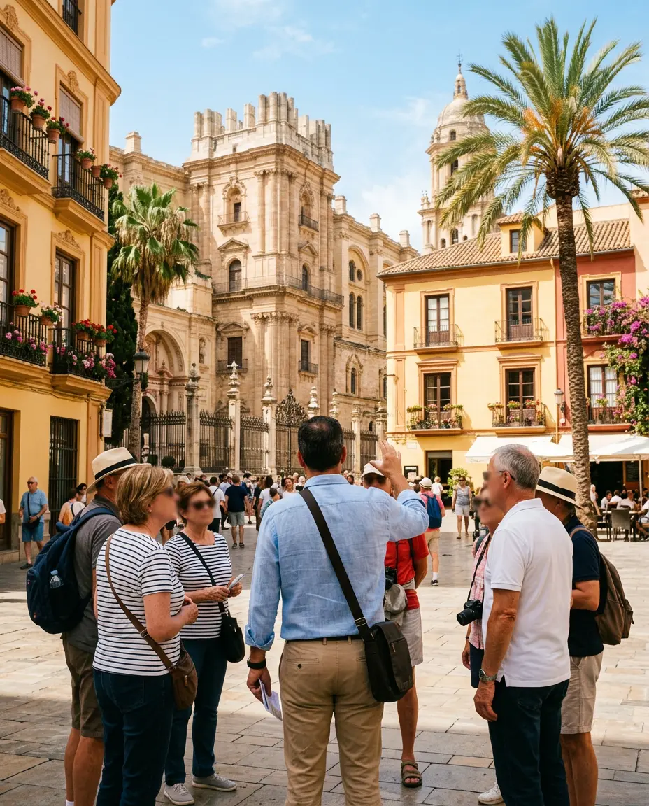 Guía local explicando la ciudad a un grupo de turistas en una plaza de Málaga