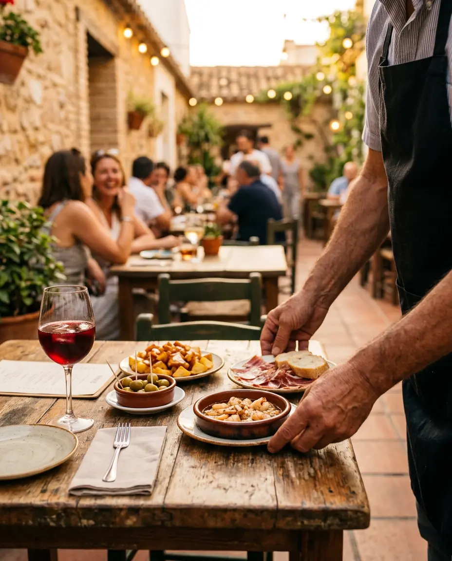 Camarero sirviendo tapas en la terraza de un bar al atardecer