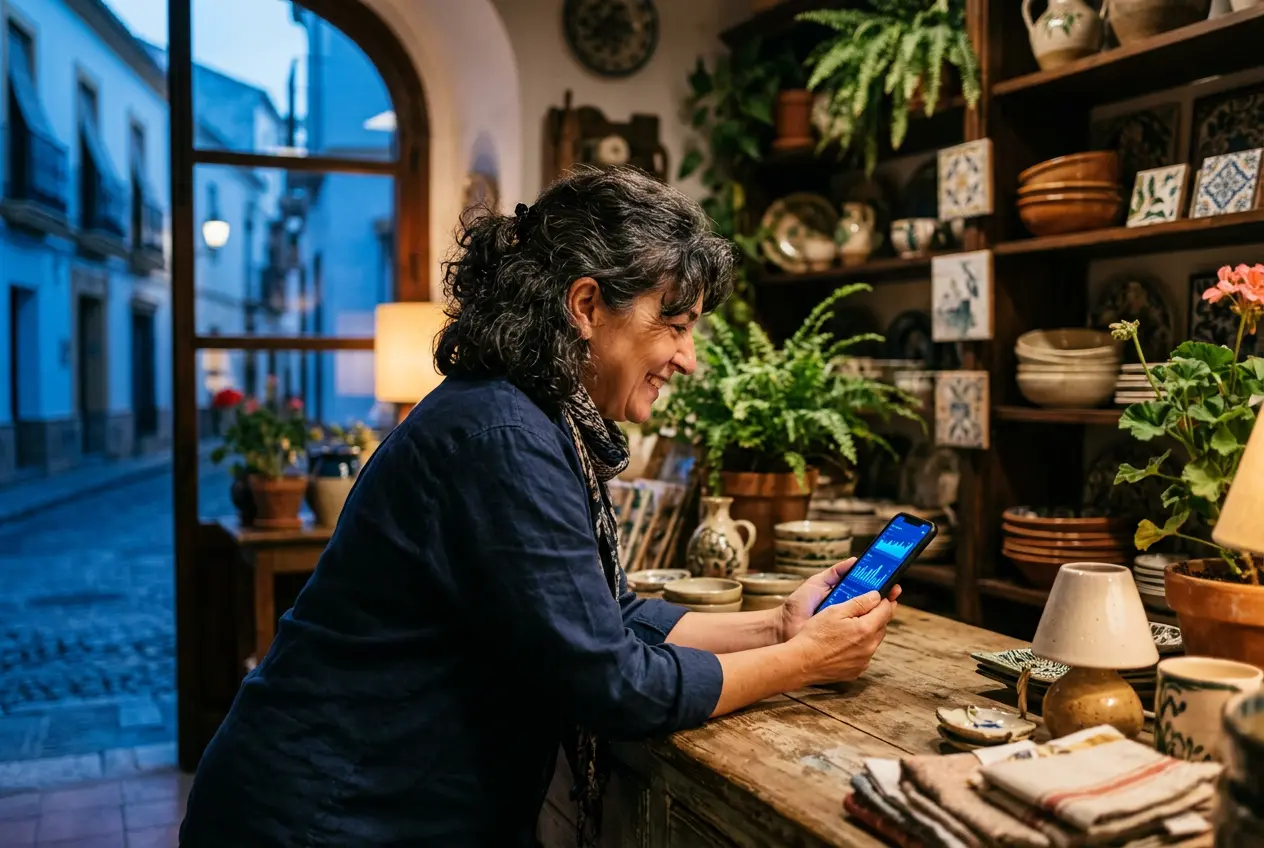 Dueña de una tienda de artesanía mirando su móvil detrás del mostrador